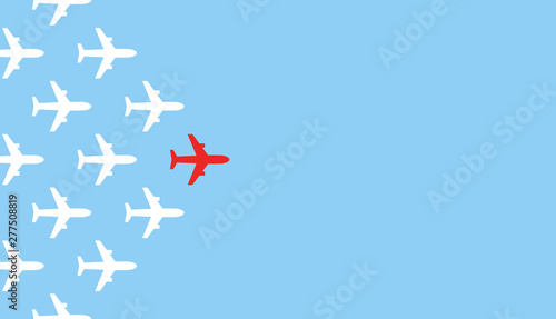 Leadership concept. One red leader airplane leads other white airplanes forward. Red and white airplanes. Motivation business vector illustration.