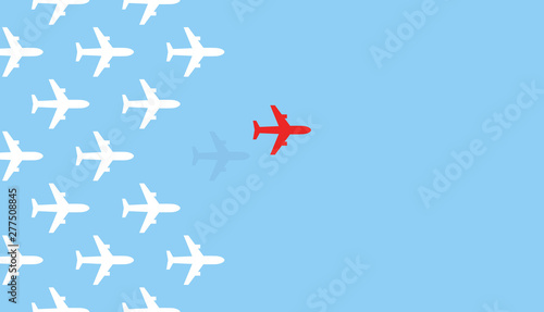Airplanes flying from on blue sky background. Teamwork, leadership, success motivation business concept idea. Vector illustration