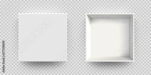 White box mock up vector 3D model top view. Isolated blank realistic open cardboard paper box mockup template