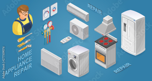 Isometric worker with tools and home appliances. Vector illustration.