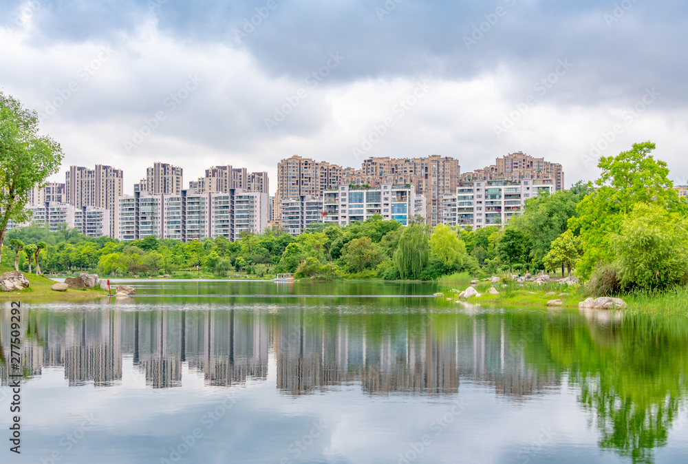 Architectural scenery around Jincheng Lake Park in Chengdu, Sichuan Province, China