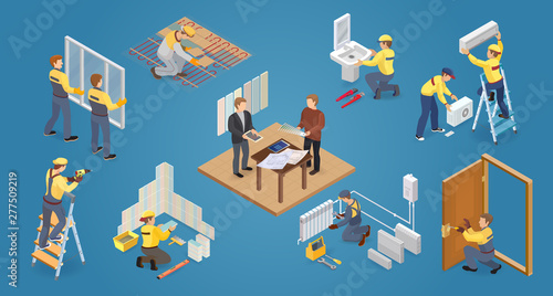 Home repair isometric icons set with workers, tools.