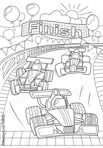 Car race coloring page. Formula 1 black line vector illustration on white background. Speed car on finish. Racing children coloring book