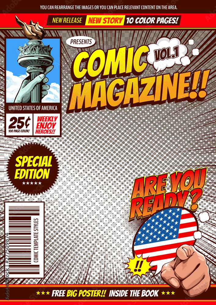 comic cover template background, flyer brochure speech bubbles, doodle ...