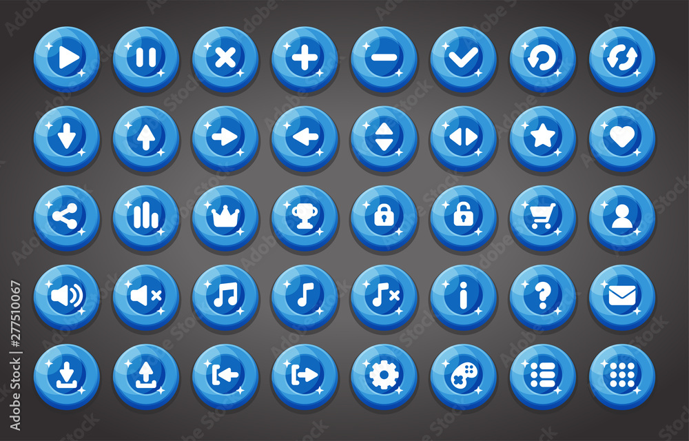 Flat round game buttons in flat cartoon style Stock Vector | Adobe Stock
