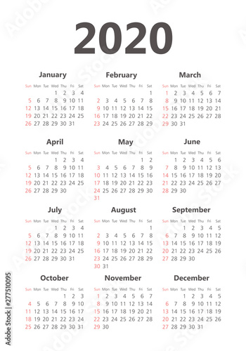 Vector calendar 2020 year. Week starts from Sunday