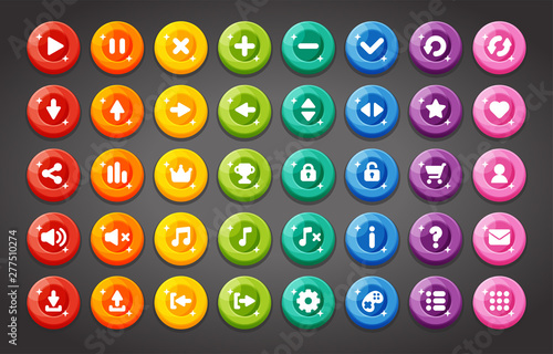Flat round game buttons in flat cartoon style