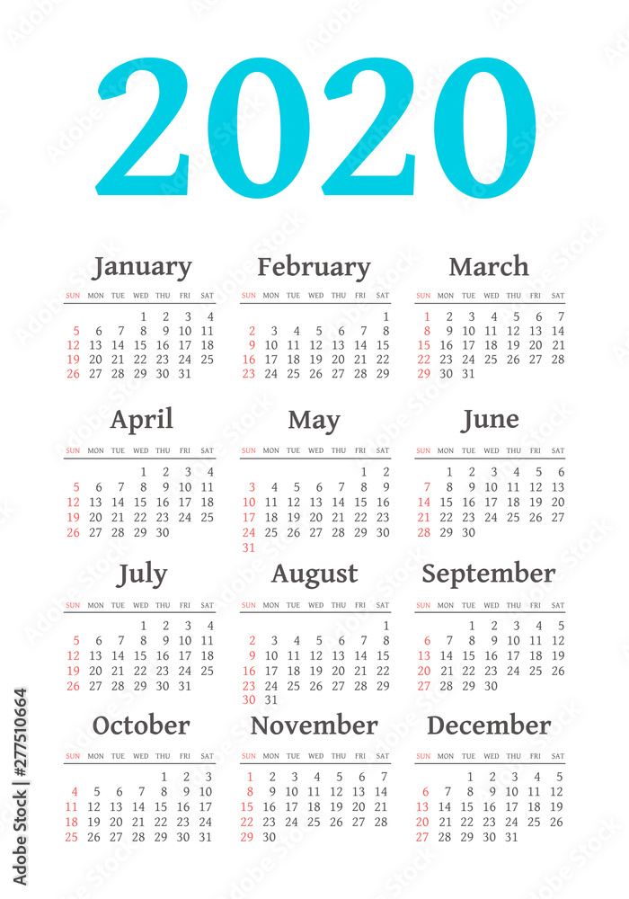 Vector calendar 2020 year. Week starts from Sunday Vector calendar 2020 year. Week starts from Sunday