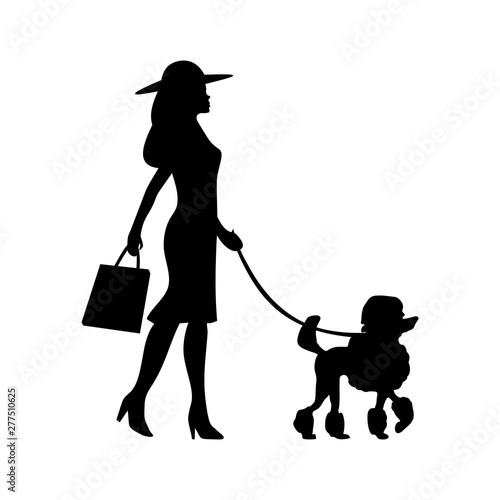 Woman holding leash with poodle. Vector black flat icon