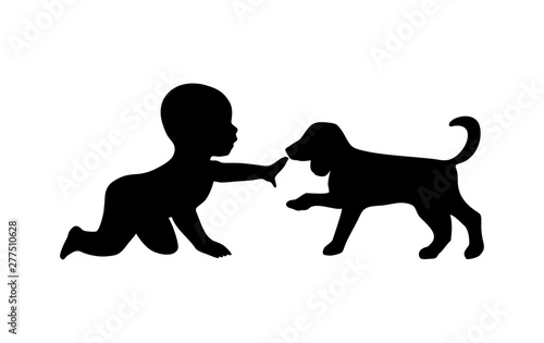 Child petting a puppy labrador. Vector black flat icon