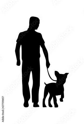 Man holding leash with french bulldog. Vector black flat icon