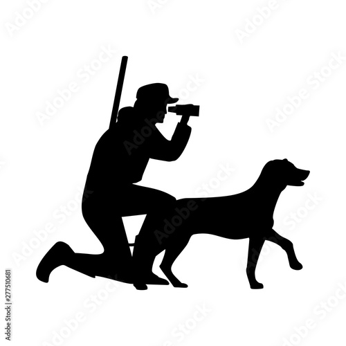 Hunter looks through binoculars and keeps the german pointer. Vector flat icon