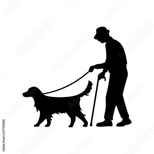 Old man blind with guide dog walking. Vector flat icon photo