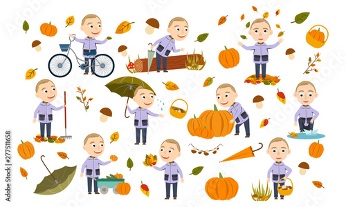 Set blond boy in an autumn jacket plays with leaves, launches a paper boat, rides a bicycle, carries pumpkins and has fun in the fall. Cute Vector Illustration