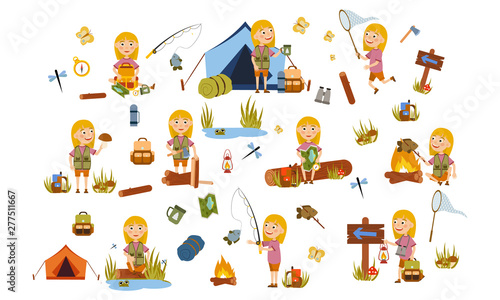 Set blonde girl tourist on nature. Camping. Fishing, overnight stay in a tent, picking mushrooms, fun and relaxation. Children's camp. Scouts. Cute Vector Illustration