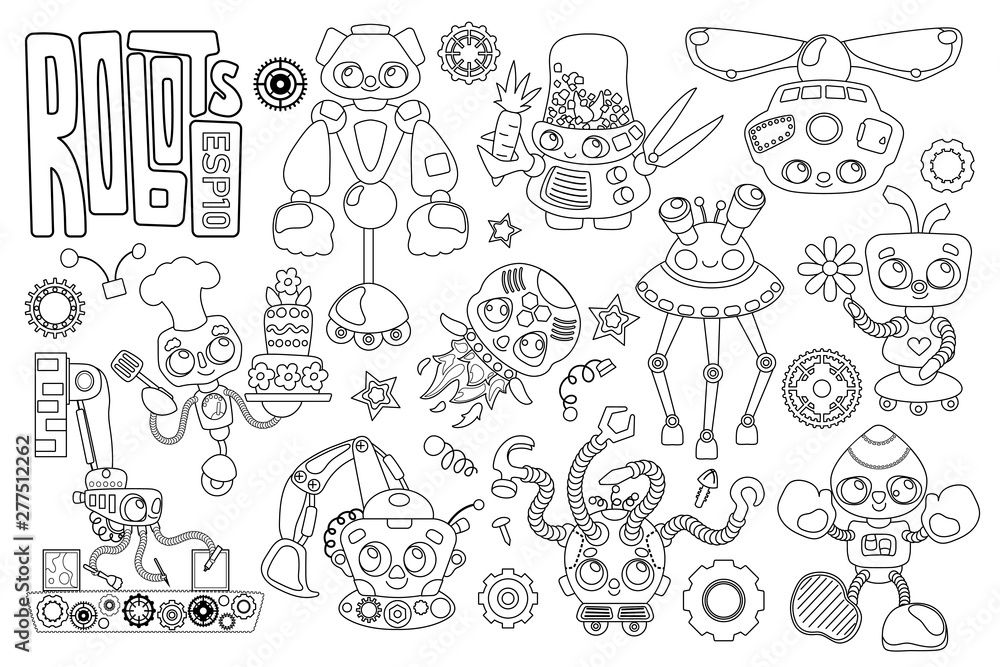 Fototapeta Cute robot characters black and white vector set on white background. Robot coloring page. Artificial intelligence