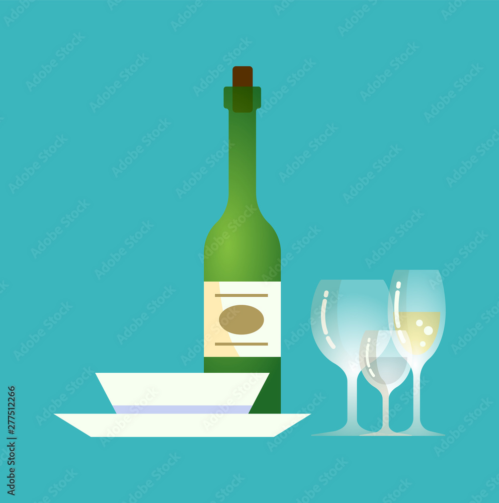 Glass bottle, plates and alcoholic drink with emblem vector. Tequila champagne with cork and label, served dishes for food, restaurant cafe serving Glass bottle, plates and alcoholic drink with emblem vector. Tequila champagne with cork and label, served dishes for food, restaurant cafe serving