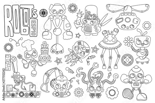 Cute robot characters black and white vector set on white background. Robot coloring page. Artificial intelligence