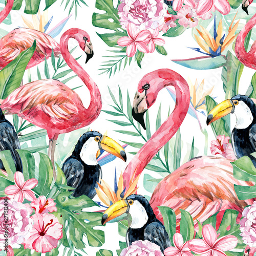 watercolor tropical floral and flamingo seamless pattern, tropical mood, colorful exotic birdlife with floral elements leaves, branches for the textile fabric and wallpapers