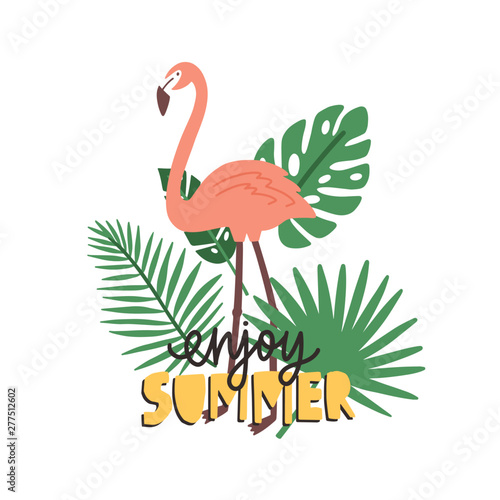 Enjoy Summer slogan handwritten with calligraphic font and decorated by flamingo and exotic tropical foliage