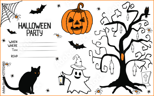 Invitation to a halloween party in doodle.Isolated objects on a white background with a pumpkin,evil bats,ghost,spiders,cobwebs,a scary tree with the hanged man.Can be used for invitations,cards