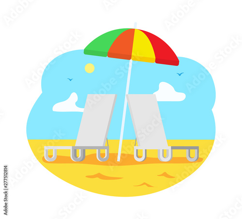 Summertime vacation, resort with chaise longue and umbrella vector. Tourist attraction, isolated coast with shining sun and fair weather, tourism