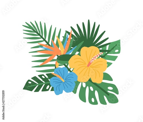 Elegant natural composition with blooming tropical flowers and exotic palm tree leaves isolated on white background, Floral decorative design element
