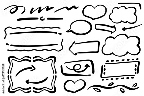 Handdrawn vector separators, frames and arrows on white background. Black ink paper design elements isolated