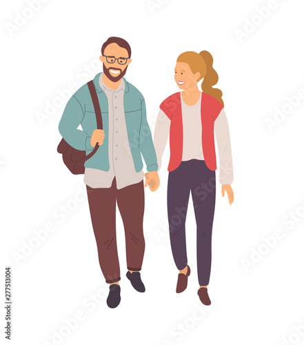 People walking holding hands vector, man and woman wearing stylish clothes, urban style, bearded man with handbag talking male and female, couple