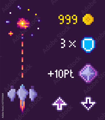 Space game in pixel style vector, spaceship with laser weapon. Icons and points, scored coins and shield, arrows up and down, number and info board, pixelated 8 bit game © robu_s