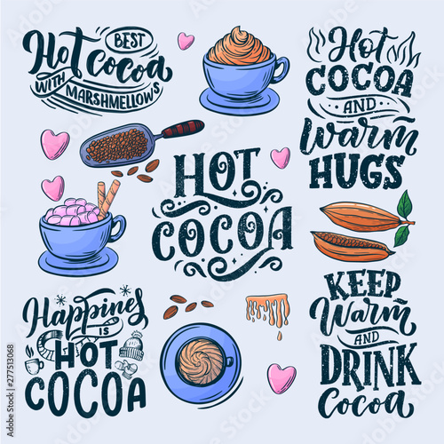Hot cocoa hand lettering set with cup of cocoa, marshmallows. Hand drawn Christmas signs for cafe, bar and restaurant