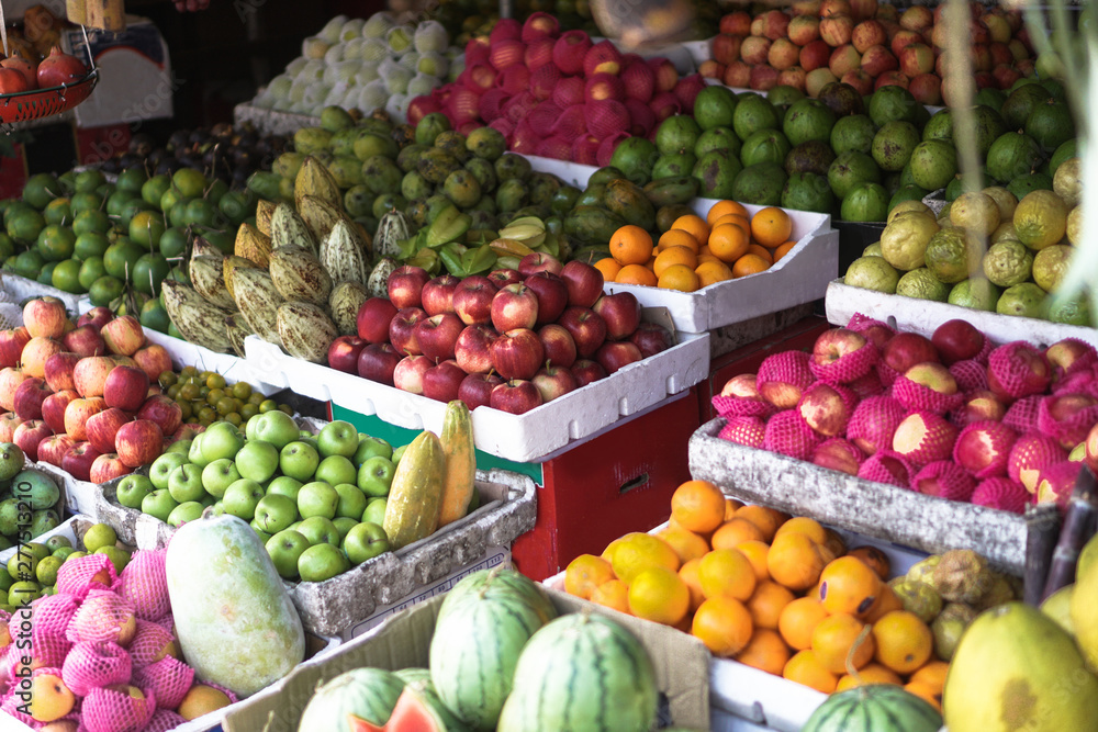 Traditional market in Asia with a variety of fruits and vegetables from farms and jungles. Sales business background in Sri Lanka. Stock photo