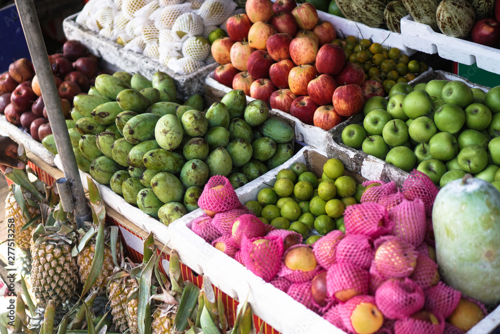 Traditional market in Asia with a variety of fruits and vegetables from farms and jungles. Sales business background in Sri Lanka. Stock photo