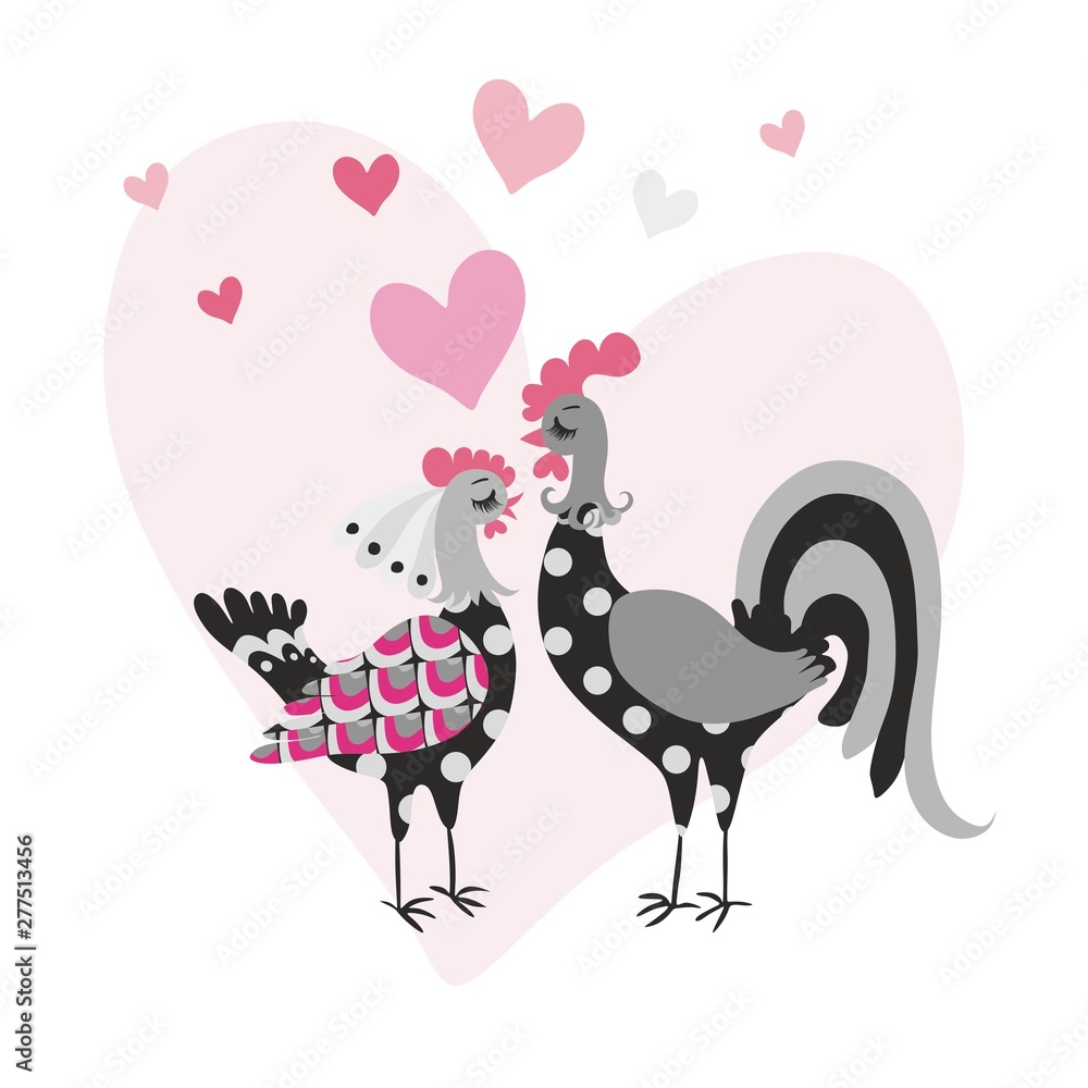 Invitation or congratulatory card with a funny cockerel and a chicken as a bride and groom on the background of a large light pink heart. Invitation or congratulatory card with a funny cockerel and a chicken as a bride and groom on the background of a large light pink heart.