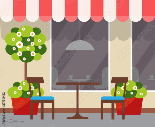 Terrasse view on restaurant exterior vector. Table with chairs in same design color, plants in pots, trees in bloom. Window of shop, coffee house store