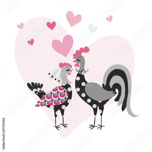 Invitation or congratulatory card with a funny cockerel and a chicken as a bride and groom on the background of a large light pink heart.