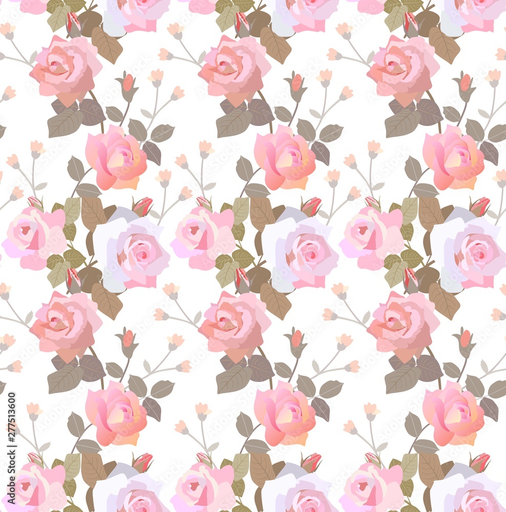 Seamless floral pattern with vertical garlands of pink roses on white background. Print for fabric, wallpaper.
