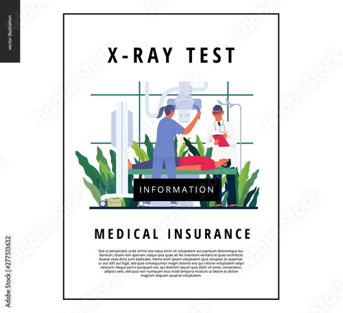 Medical tests template - x-ray test - modern flat vector concept digital illustration of x-ray procedure - a patient and doctors with a x-ray machine, medical office or laboratory
