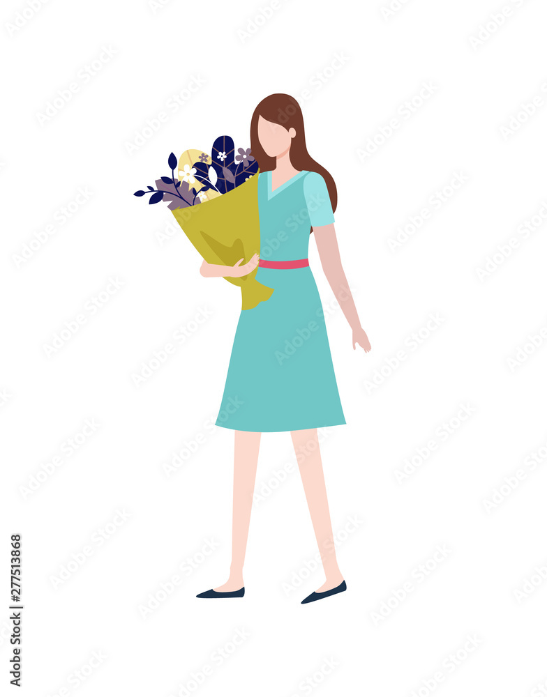 Woman wearing blue dress walking vector, elegant lady holding bouquet of flowers and leaves wrapped in paper. Female with present on special occasion