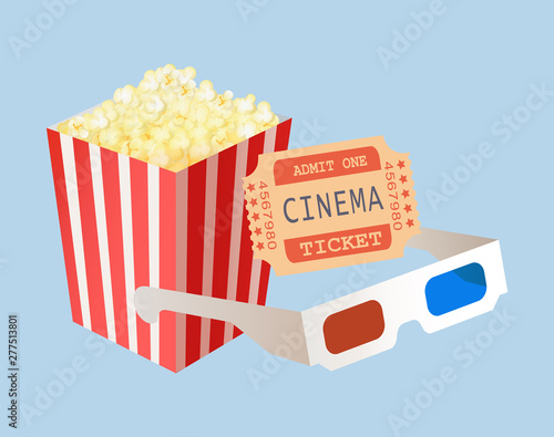 Cinema elements vector, tickets access with numbers and code, 3d glasses for watching special effects and popcorn snack in package with red stripes