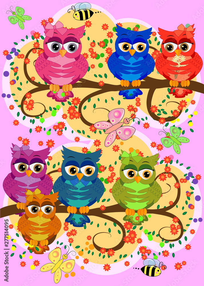 Three cute colorful cartoon owls sitting on tree branch with flowers. Funny sticker of birds on white background. Three cute colorful cartoon owls sitting on tree branch with flowers. Funny sticker of birds on white background.