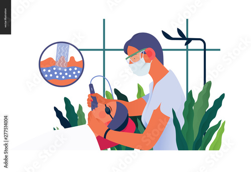 Dermatology, cosmetology -medical insurance illustration -modern flat vector concept digital illustration of a dermatologist carrying out the procedure of laser treatment, medical office or laboratory