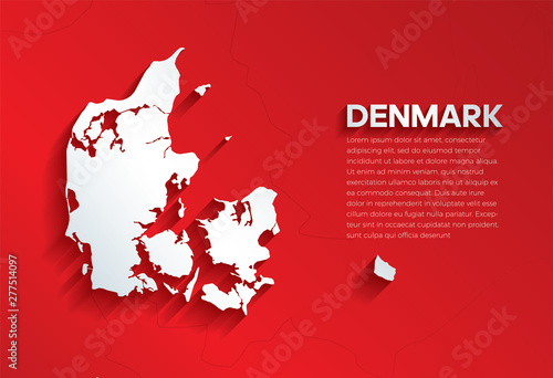 Denmark Map with shadow. Cut paper isolated on a red background. Vector illustration. 