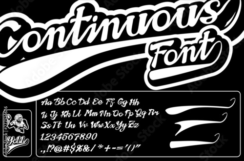 Continuous font, digits and symbols. Seamless baseball and football alphabet. Curve swooshes and football player sign. Hand drawn letters. Original autor's font.	