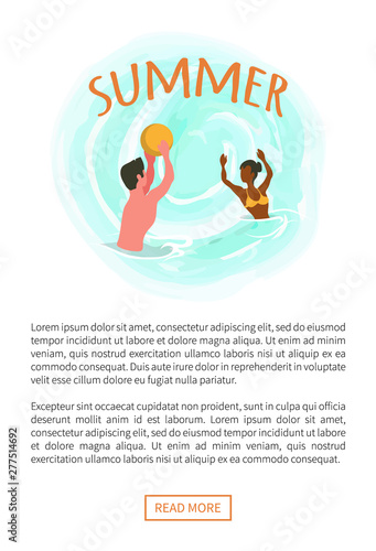 Summer vector, isolated people playing waterpolo, on water, waterpolo with inflatable ball. Man and woman having good time on vacation, couple game, summertime activity