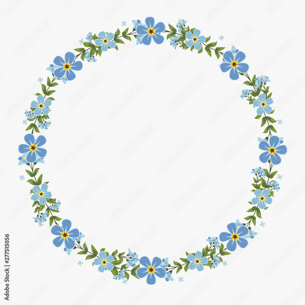 Floral greeting card and invitation template for wedding or birthday anniversary, Vector circle shape of text box label and frame, Blue flowers wreath ivy style with branch and leaves. Floral greeting card and invitation template for wedding or birthday anniversary, Vector circle shape of text box label and frame, Blue flowers wreath ivy style with branch and leaves.