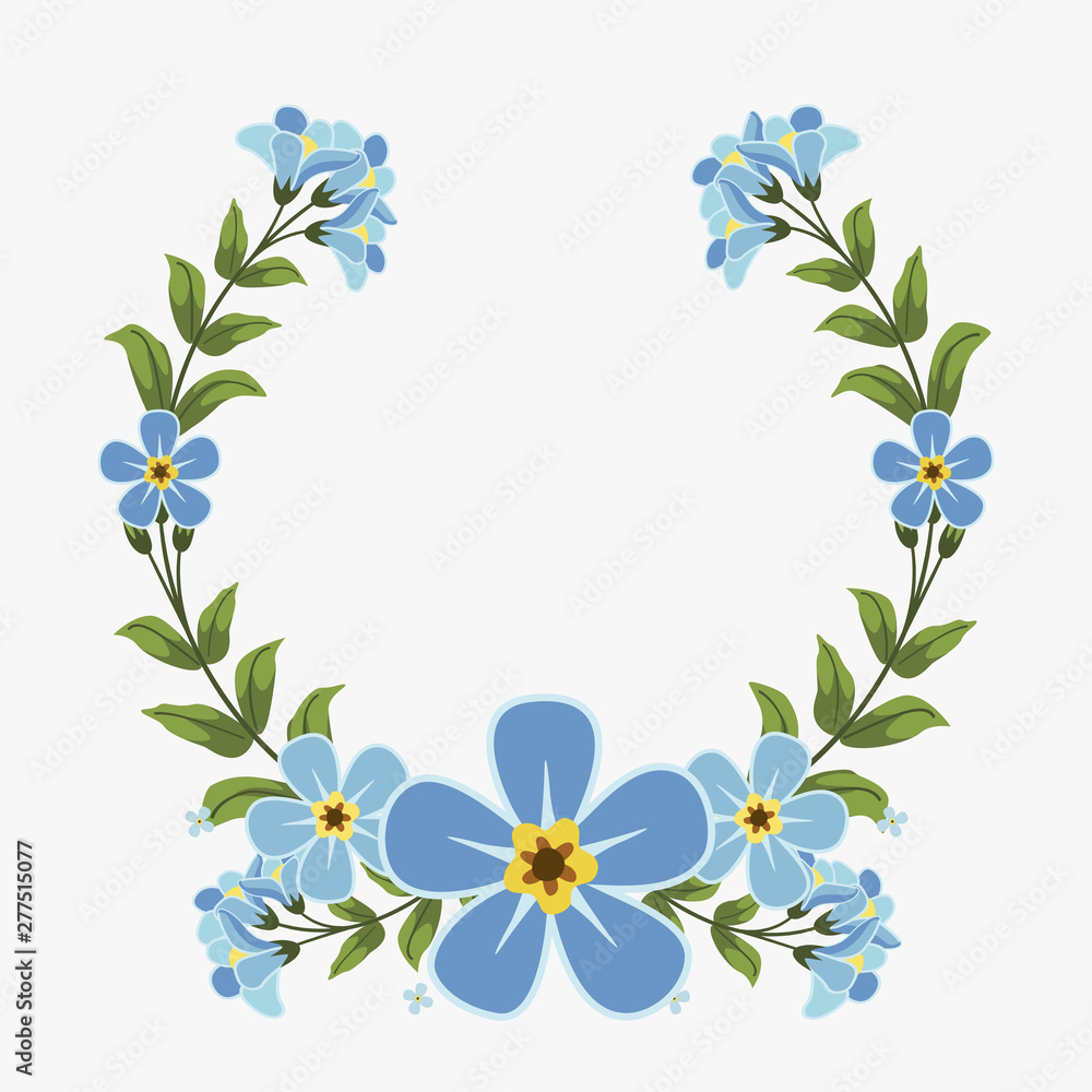 Floral greeting card and invitation template for wedding or birthday anniversary, Vector circle shape of text box label and frame, Blue flowers wreath ivy style with branch and leaves. Floral greeting card and invitation template for wedding or birthday anniversary, Vector circle shape of text box label and frame, Blue flowers wreath ivy style with branch and leaves.