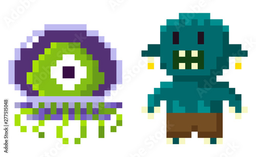 Ufo pixel character, game hero on white, troll monster with teeth, portrait and full length view of cosmic sign and monstrosity, extraterrestrial symbol vector, pixelated 8 bit game