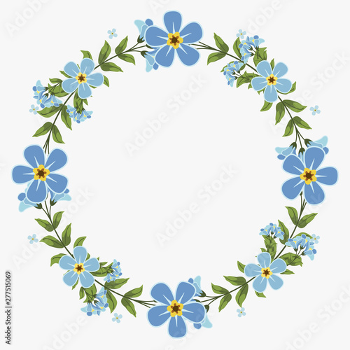 Floral greeting card and invitation template for wedding or birthday anniversary, Vector circle shape of text box label and frame, Blue flowers wreath ivy style with branch and leaves. © Kobsoft
