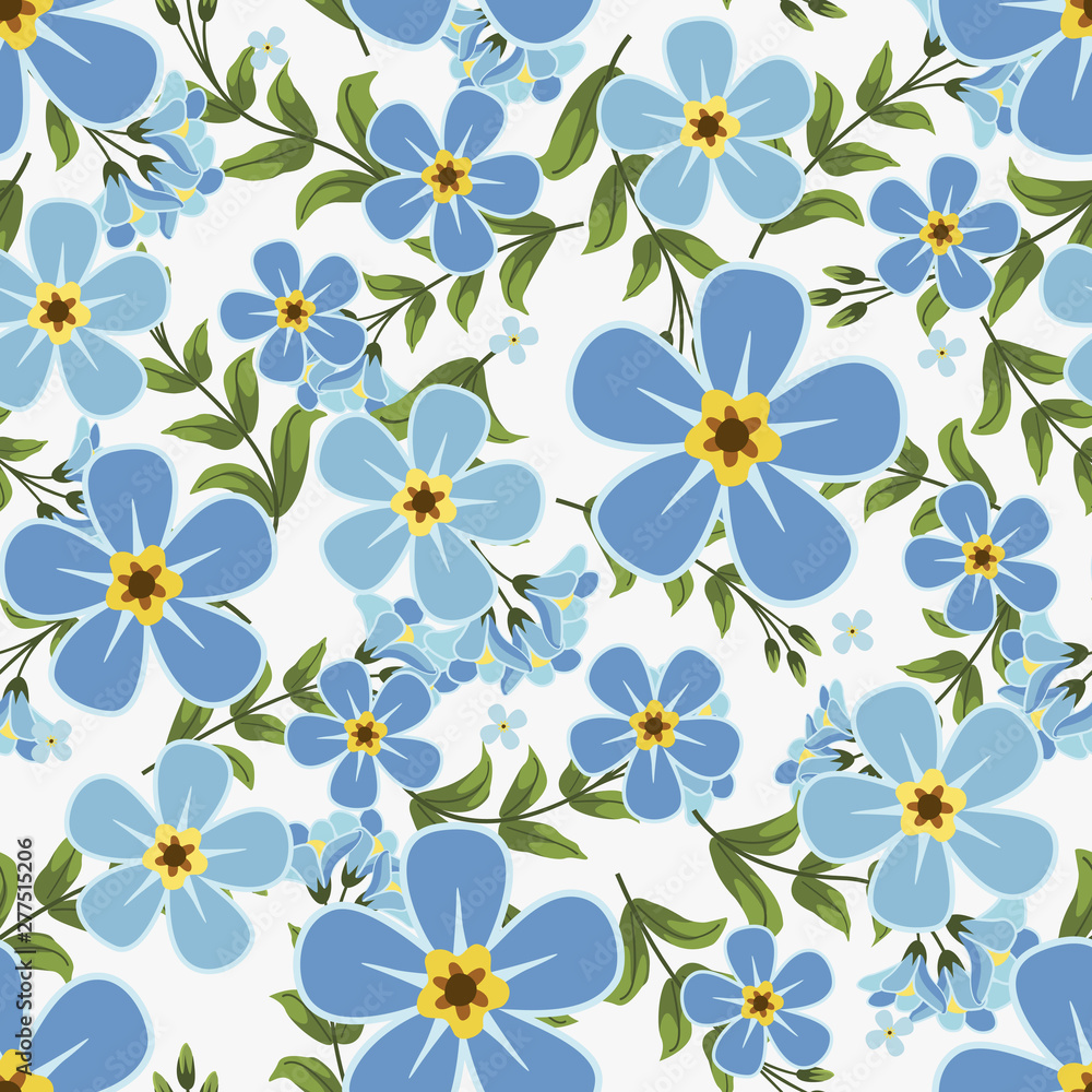 Floral vector artwork for apparel and fashion fabrics, Blue flowers wreath ivy style with branch and leaves. Seamless patterns background. Floral vector artwork for apparel and fashion fabrics, Blue flowers wreath ivy style with branch and leaves. Seamless patterns background.